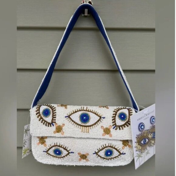 America & Beyond Handbags - America & Beyond White Evil Eye Beaded Shoulder Bag & Earrings NWT
